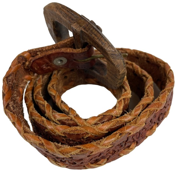 Unique Wooden Buckled Hand-carved Hand-Tooled Genuine Leather Western Braid Belt - Picture 3 of 13